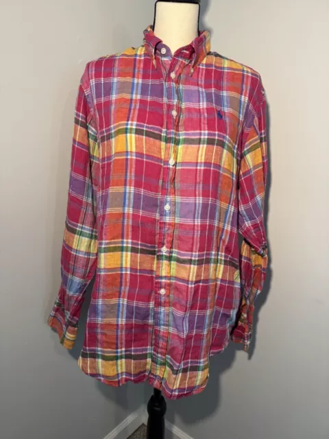 Ralph Lauren Men’s Multicolor Plaid Button-Down 100% Linen Shirt Size Large