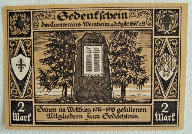 WEINHEIM Turnverein Gedenkschein Turnerriege 2 Mark Germany Emergency Money(2468