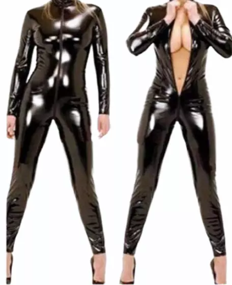 Womens Black PVC Catsuit Wetlook Full Length Bodysuit Plus Size Clubwear Party