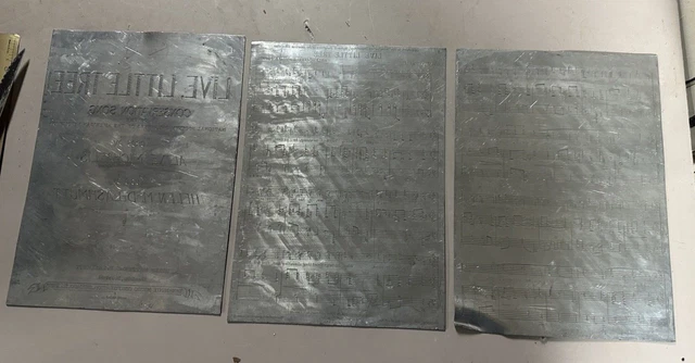 Set of 3 Antique Metal Printing Plates For Sheet Music Live Little Tree Complete