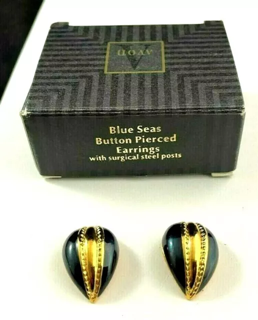 Lovely Avon Blue Seas Button Pierced Earrings New Old Stock With Box