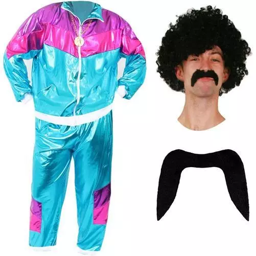 80S Scouser Shell Suit Fancy Dress Costume 1980'S Black Perm Wig Tash Medallion 2