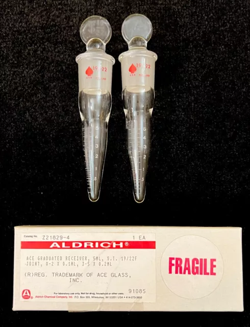 Two 5mL ACE Glass Graduated (0.1 - .2mL) Tube Receivers, 19/22 Joints + Stoppers