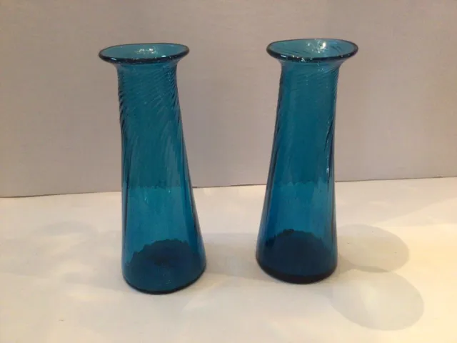 Vintage Cobalt Blue Swirled Hand Blown Glass Bud Vases-Rough Pontil Set/2