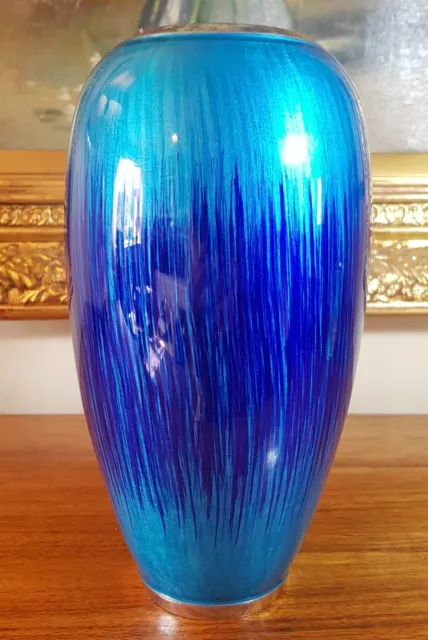 Stunning Electric Blue Streaked Enamel & Chrome Mid Century Modern Designer Vase