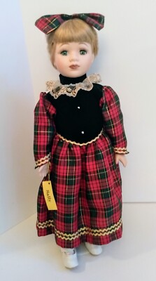Blonde Hair Green Eyes 16" Porcelain Doll w/ Stand Red Plaid Christmas Dress