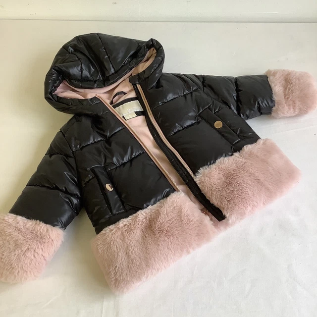 Cappotto Michael Kors Imbottito Tampone Pelliccia Finta Nero e Rosa 18 mesi