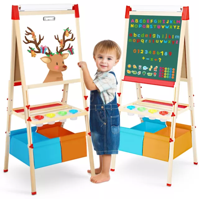 Kids Wooden Easel with Paper Roll, Fixget Upgrade Double-Sided Whiteboard & C...