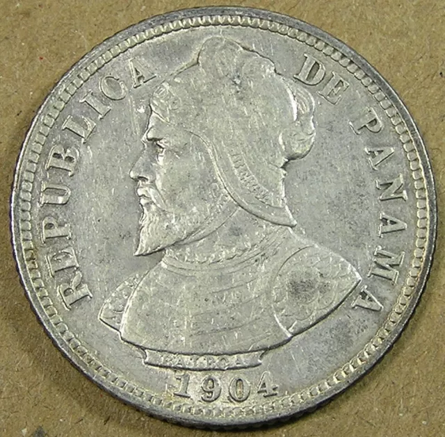 1904 Panama 10 Centesimos .900 Silver Coin KM-3, 5 grams 22 mm