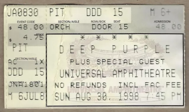 Deep Purple 1998 Concert Ticket Stub Universal Amphitheatre Jon Lord Ian Gillan