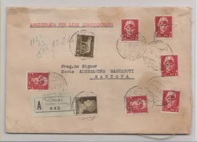 Storia Postale Regno D' Italia-Busta Assicurata Per Lire 400-Viaggiata 1936