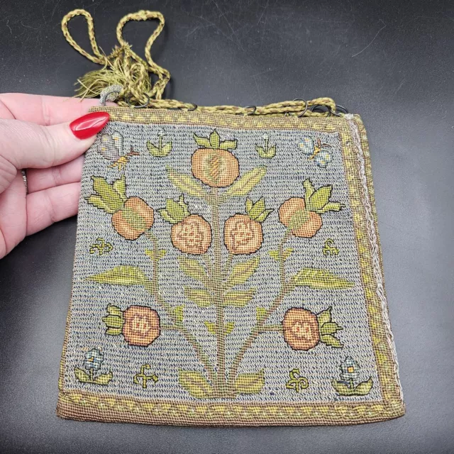 Antique Georgian? Metallic Thread Embroidered Bag With Flowers & Butterflies