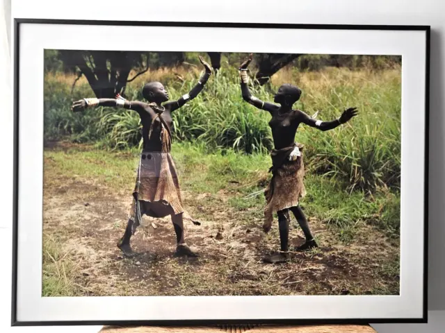 African Omo Tribe~23" Framed Photograph~2 Young Ladies Dance High 5~SW Ethiopia