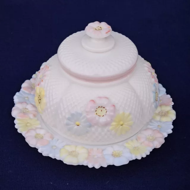 1890 Antique Consolidated Glass COSMOS Flowers Butter Dish White Milk Glass