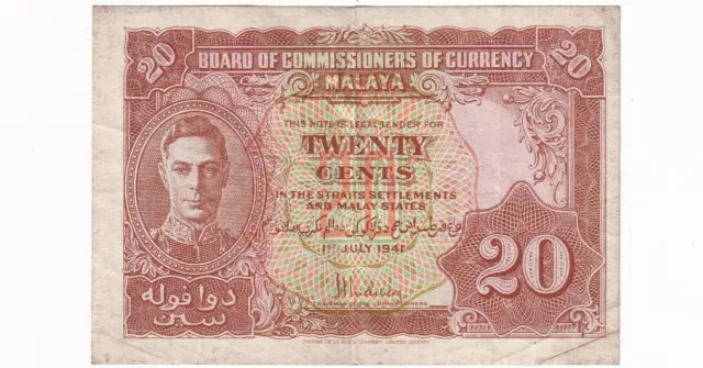 1941 Malaya George VI 20 Cents Banknote