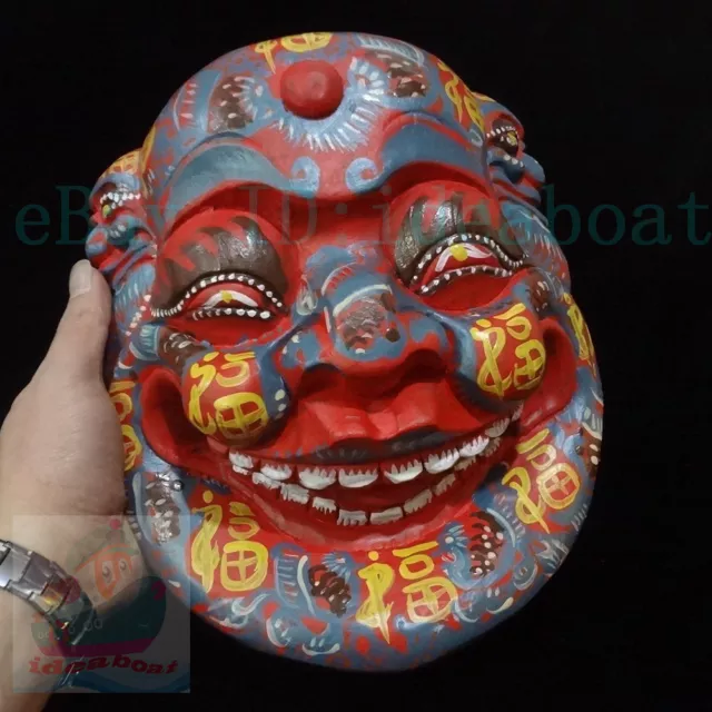 China Folk Art Wood Hand Carved Painted NUO MASK Walldecor-Happy Buddha tall25cm