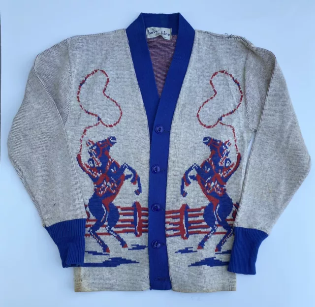 1950s Vintage Childrens Cardigan Sweater Cowboy Graphic