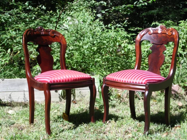 Antique Pair Hand Carved Flame Mahogany American Empire Dining Chairs 19th c.