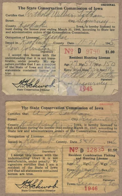 1945 1946 Iowa State Conservation Comm. Fishing Hunting License Sigourney Keokuk