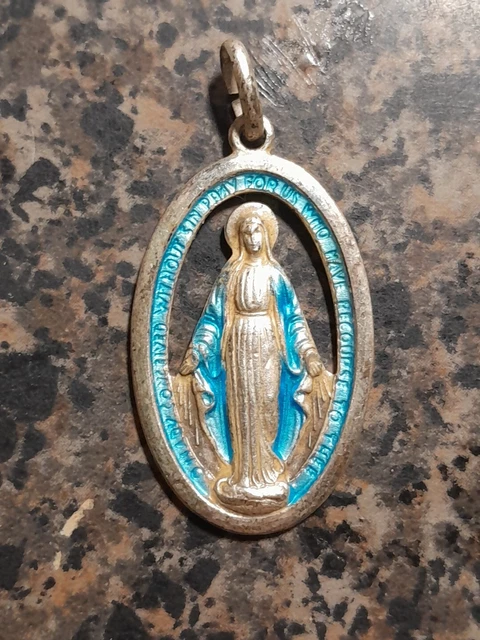 VINTAGE BLESSED VIRGIN Mary Blue Enamel Holy Catholic Miraculous Medal ...