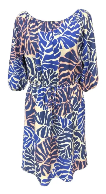 Felicity Coco Dress Womens L Petite Blue Print Floral Drawstring Balloon Sleeves