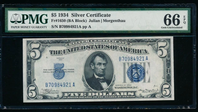 AC 1934 $5 Silver Certificate PMG 66 EPQ B-A block Fr 1650