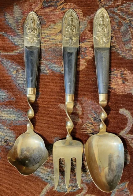 3 VINTAGE MCM SIAM Thailand Serving Pieces Large Spoon Fork Twist Brass Wood