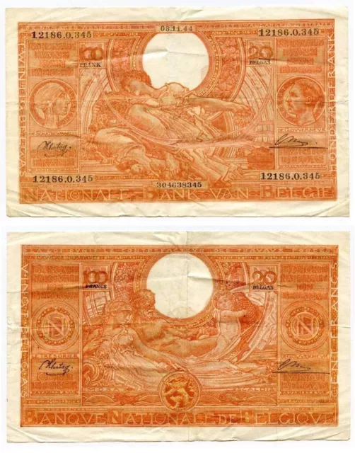 Rare Currency November 3, 1944 Belgium 100 Francs 20 Belgas Banknote P113 VF+