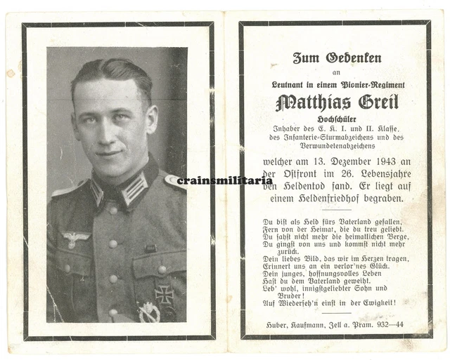 Orig. Sterbebild Pionier Offizier mit EK1 EKI Orden + Shitomir Ukraine 1943