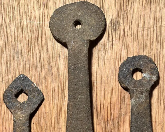 (3) 18th Century Antique Hand Wrought Forged Iron Barn Door Strap Hinges,3’-7” L