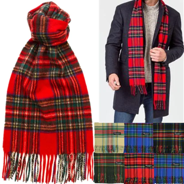 Mens 100% CASHMERE Made In SCOTLAND Royal Stewart Check Plaid Tartan Long Scarf