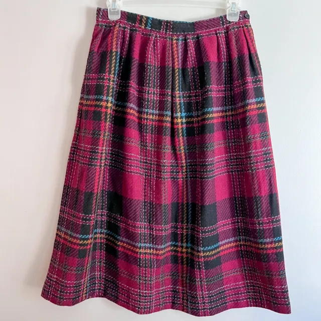 Vintage 1980s Diane von Furstenberg Wool Blend Plaid Midi Skirt Pink 14/16