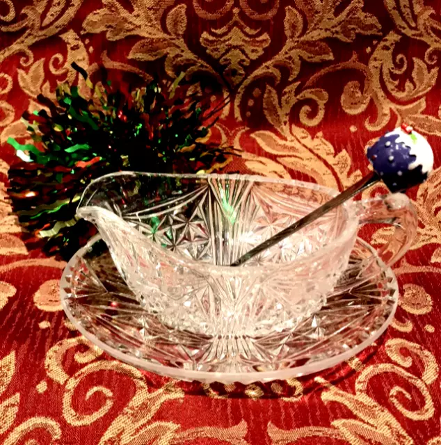 Vintage Cut Glass / Lead Crystal Sauce Relish Gravy Cream Boat W/Stand Saucer