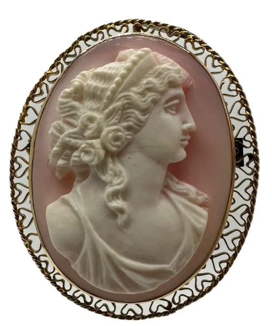10K Y/G 11.4G Antique Cameo Brooch Pendant Carved Shell Pin Greco-Roman filigree