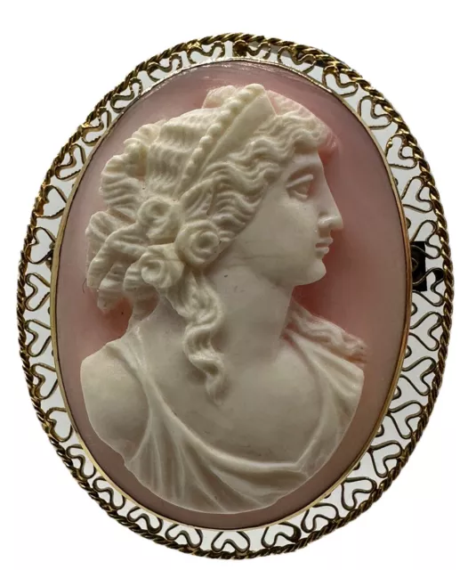 10K Y/G 11.4G Antique Cameo Brooch Pendant Carved Shell Pin Greco-Roman filigree