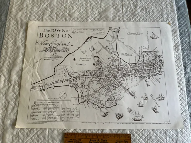 Vintage Map The Town of Boston Mass 1722 Captain John Bonner 11" x 15 1/2"