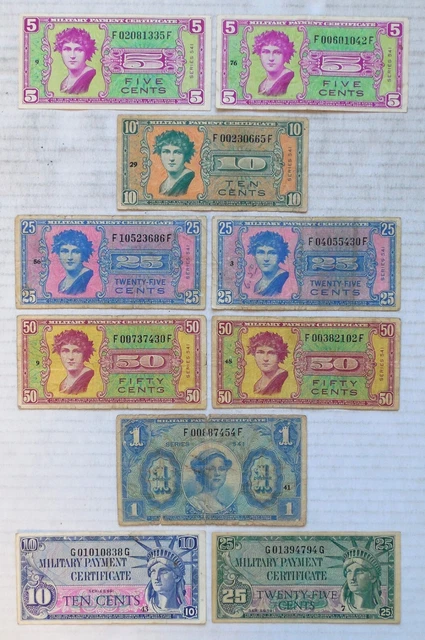 10- U.S. Military Payment Certificates- MPC- Series 541 & 591- 5¢/10¢/25¢/50¢/$1