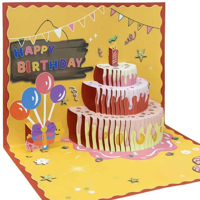 3 Biglietti Di Auguri Pop-Up 3D A Forma Di Torta Di Compleanno | Con Buste E Adesivi | Fatto A Mano | Ideali Per Ogni Età