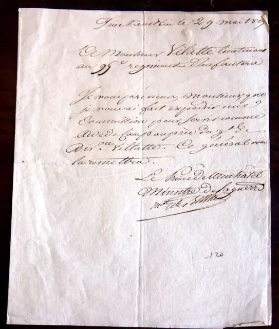 1809 MARECHAL BERTHIER AUTORISATION AU Lt Villatte de servir au coté de ...