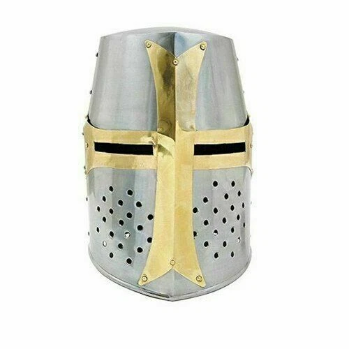 Medieval Knight Armor Crusader Helmet New Templar Helm with Brass Cross LARP SCA