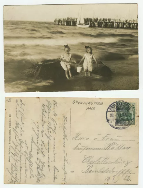 13328 - Two Little Girls on the Beach - Postcard, Run Brown Mains 27.7.1913