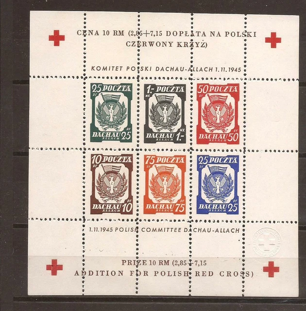 Lagerpost Dachau Polen 1945, Rote Kreuz Blocks, Gezähnt und Ungezähnt.