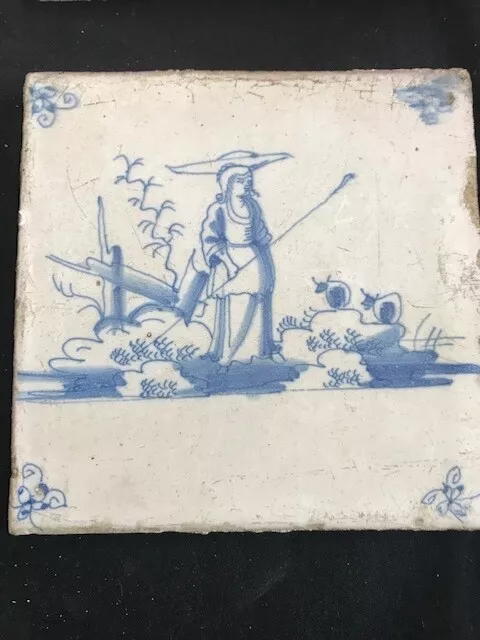Antique Dutch Delft blue and white tile , with typical dutch scene 18th/19th...