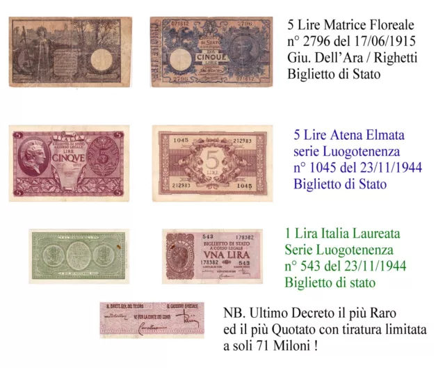 1  Lira 5 Lire  Matrice Floreare Biglietto Di Stato  1915  1944 Regno Lotto