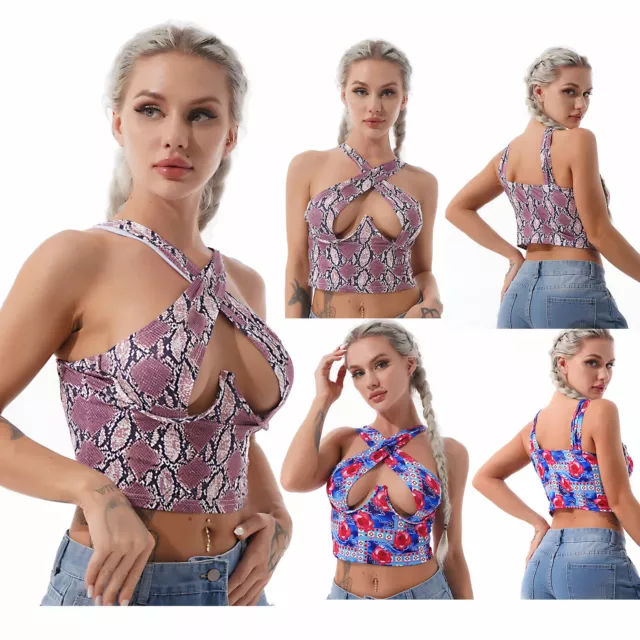 Sexy Women's Cut Out Crisscross Wrap Crop Top Halter Floral Print Cami Tank Tops