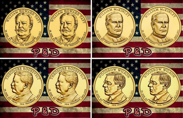 2013 P&D 8 Coin Full Set McKinley Roosevelt Taft Wilson Presidential Dollars BU