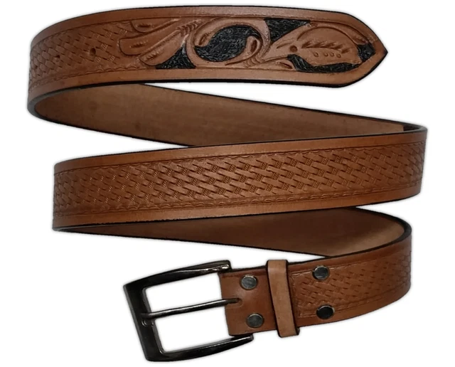 Leather Western Basket Weave Painted Floral Cowboy Belt Basketweave Hand Tooled