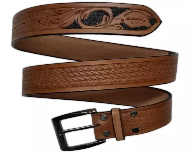 Rodeo Leather Western Tooled Unisex Floral Basket Weave Cowboy Belt Basketweave