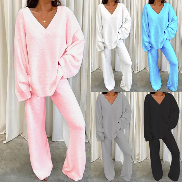 2Pcs Donna Casual Tuta Felpa Semplice Top Set Pantaloni SPORTS Suda ♪
