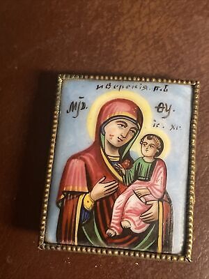 Antique Miniature Russian Enamel Finift Mary Icon Hand Painted 19th C Orthodox 3